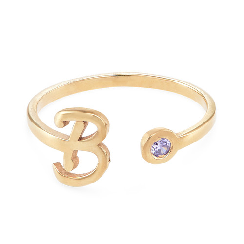 18K Gold Plated Open Initial Birthstone Ring