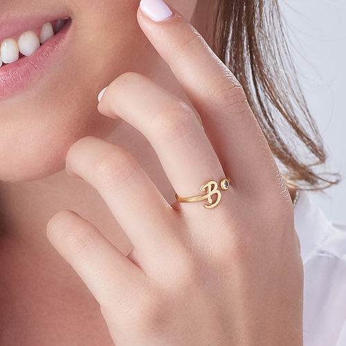 18K Gold Plated Open Initial Birthstone Ring