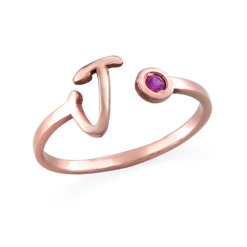 18K Rose Gold Plated Open Initial Birthstone Ring