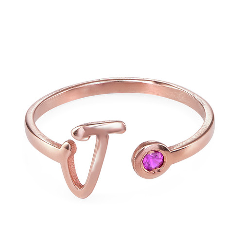 18K Rose Gold Plated Open Initial Birthstone Ring