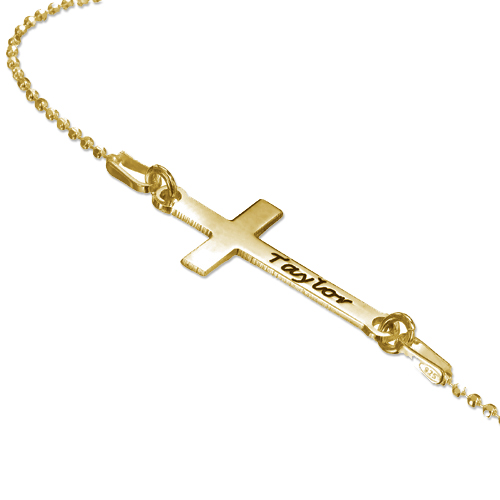 18k Gold Plated Silver Engraved Side Cross Necklace