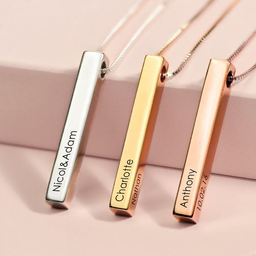 Engraved 3D Bar Necklace in Rose Gold Plating