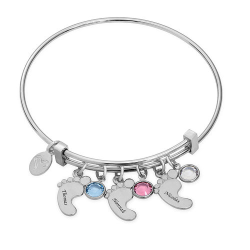 Baby Feet Bangle Bracelet with Birthstones