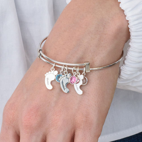 Baby Feet Bangle Bracelet with Birthstones