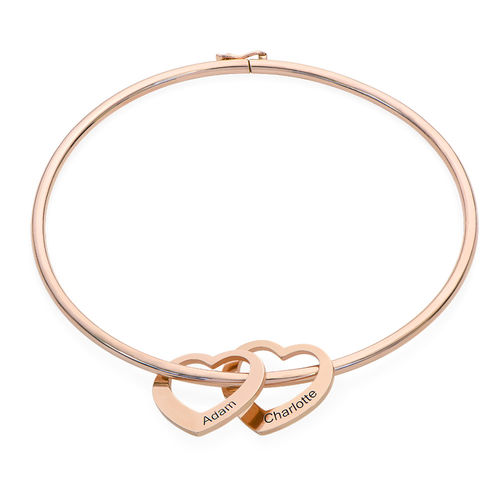 Bangle Bracelet with Heart Shape Pendants in Rose Gold Plating