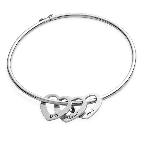 Bangle Bracelet with Heart Shape Pendants in Silver