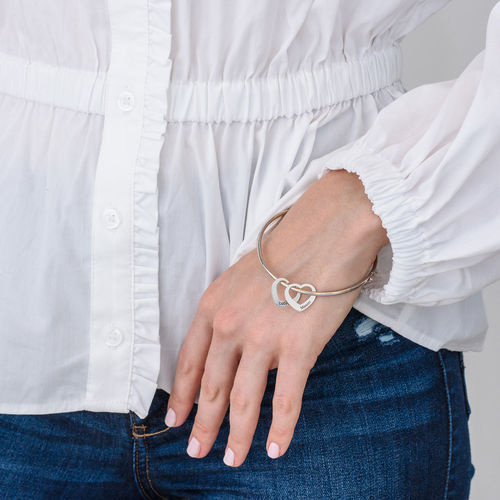 Bangle Bracelet with Heart Shape Pendants in Silver