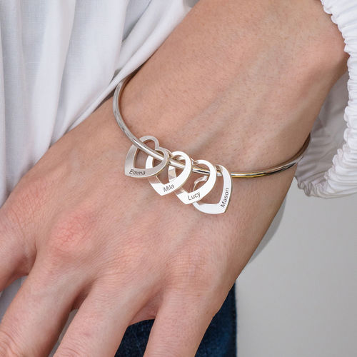 Bangle Bracelet with Heart Shape Pendants in Silver