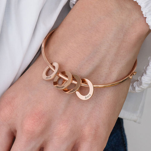 Bangle Bracelet with Round Shape Pendants in Rose Gold Plating