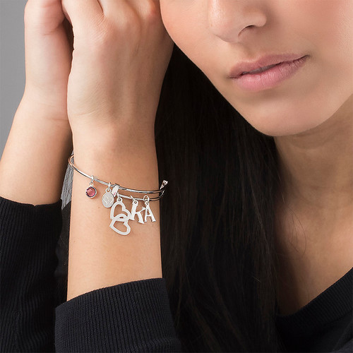 Bangle Charm Bracelet with Intertwined Hearts