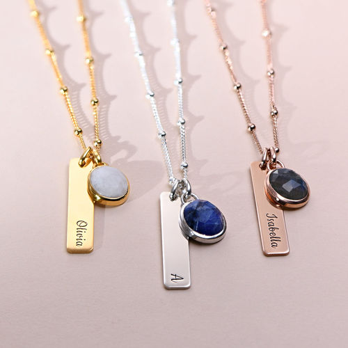 Bar Necklace in Gold Plating with Semi-Precious Gemstone