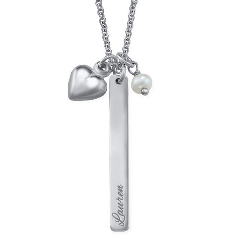 Bar Necklace with Heart Charm and Pearl in Silver