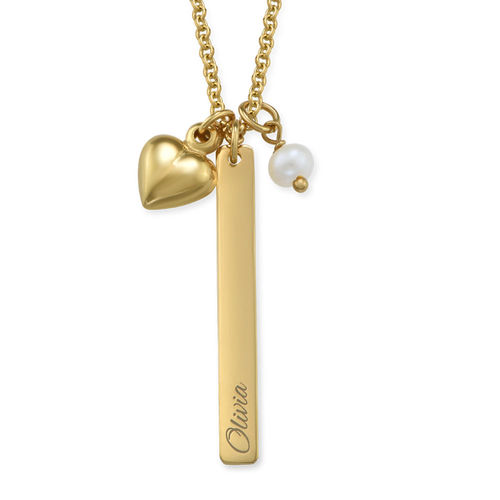 Bar Necklace with heart Charm and Pearl in Gold Plating