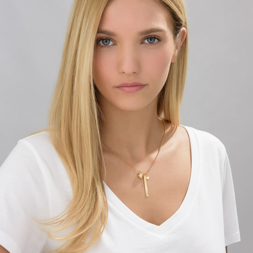 Bar Necklace with heart Charm and Pearl in Gold Plating