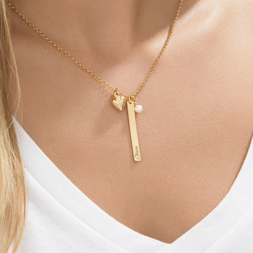 Bar Necklace with heart Charm and Pearl in Gold Plating