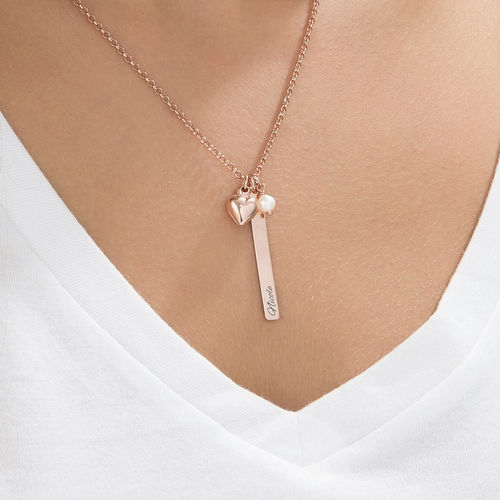 Bar Necklace with Heart Charm and Pearl in Rose Gold Plating