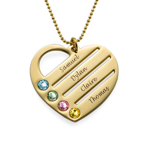 Birthstone Heart Necklace with Engraved Names in 10k Gold