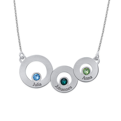 Circles Necklace with Engraving and Birthstones in Sterling Silver