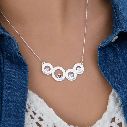 Circles Necklace with Engraving and Birthstones in Sterling Silver