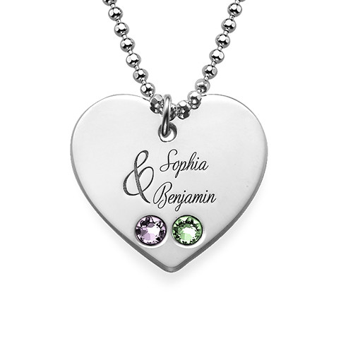 Couples Birthstone Heart Necklace with Engraving