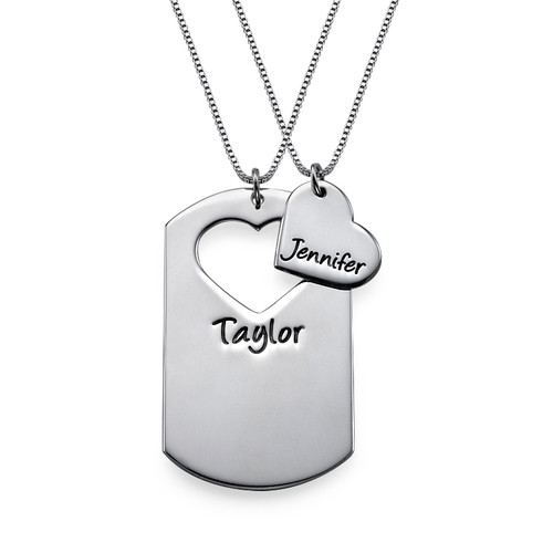 Couples Dog Tag Necklace With Cut Out Heart