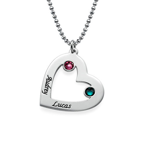 Couples Heart Necklace in Silver with Birthstones