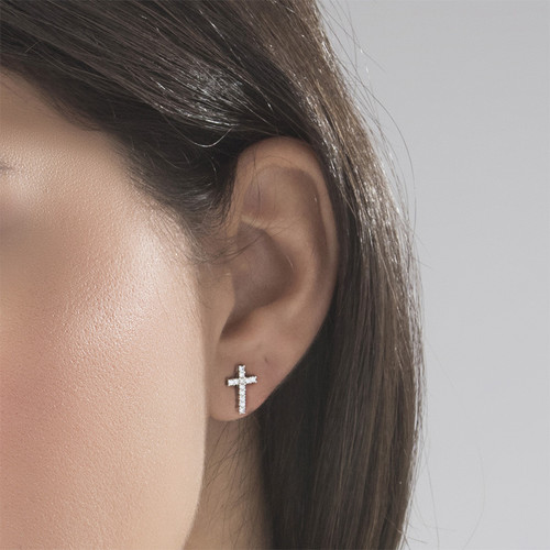 Cubic Zirconia Thin Cross Stud Earrings