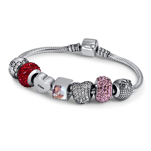 Curved Heart Silver Bead with Cubic Zirconia