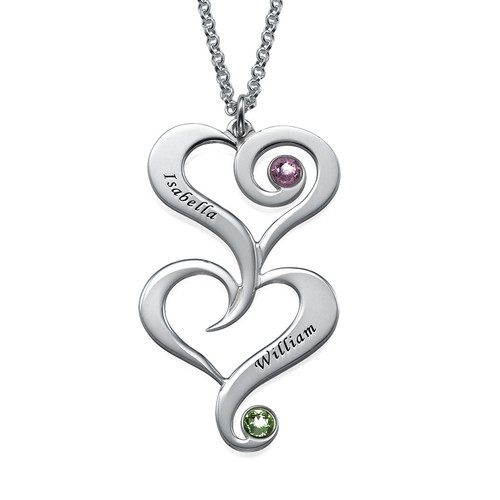 Double Heart Birthstone Necklace with Engraving