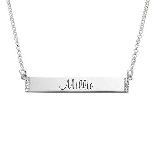 Engravable Bar Necklace with Cubic Zirconia in Sterling Silver