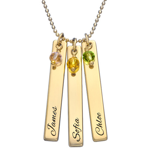 Engraved Bar Necklace with Birthstones in Gold Plating