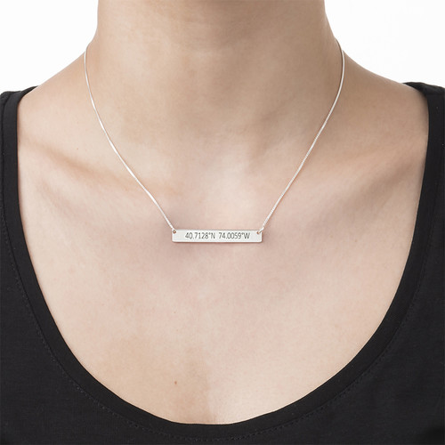 Engraved Coordinates Bar Necklace in Silver