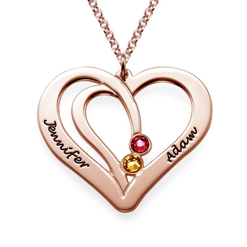 Engraved Couple Birthstone Necklace - Rose Gold Plated