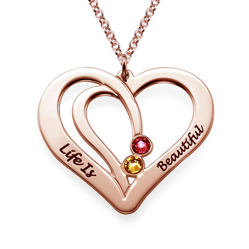 Engraved Couple Birthstone Necklace - Rose Gold Plated