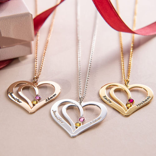 Engraved Couple Birthstone Necklace - Rose Gold Plated