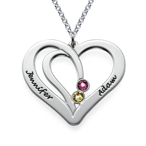 Engraved Couples Birthstone Necklace in Sterling Silver