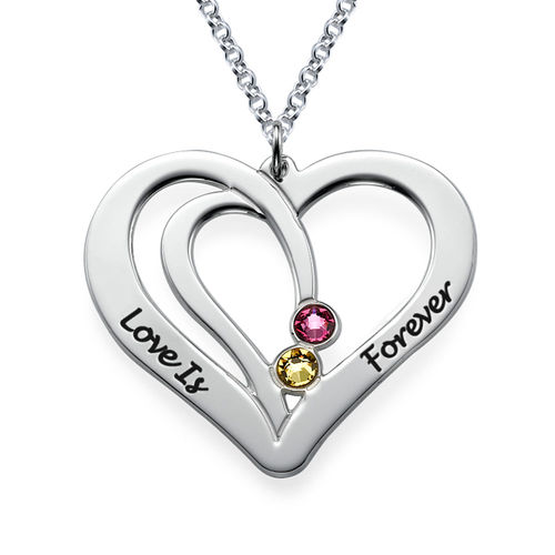 Engraved Couples Birthstone Necklace in Sterling Silver