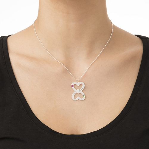 Engraved Double Heart Necklace with Birthstones