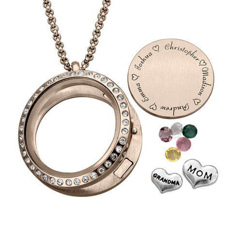 Engraved Floating Charms Locket with Rose Gold Plating - "For Mom or Grandma"