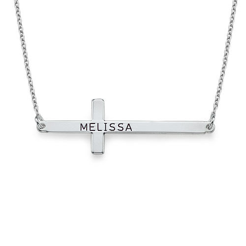 Engraved Horizontal Cross Necklace in Silver