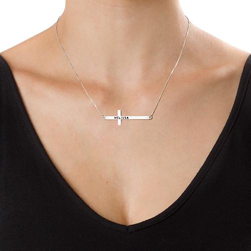 Engraved Horizontal Cross Necklace in Silver