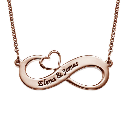 Engraved Infinity Necklace with Cut Out Heart - Rose Gold Plated