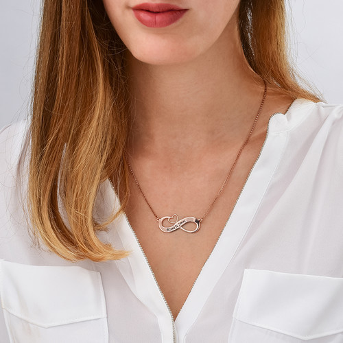 Engraved Infinity Necklace with Cut Out Heart - Rose Gold Plated