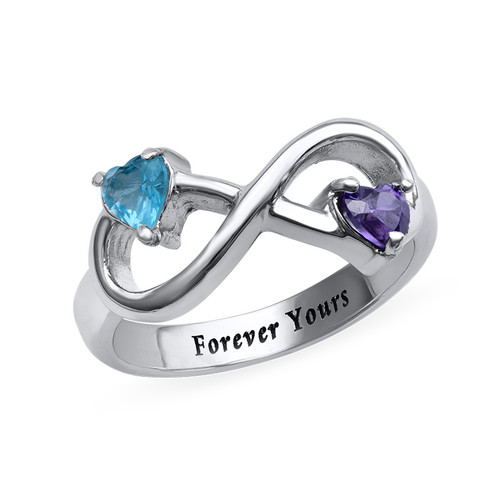 Engraved Infinity Ring with Heart Shaped Birthstones