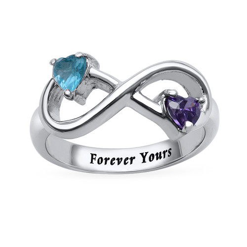 Engraved Infinity Ring with Heart Shaped Birthstones