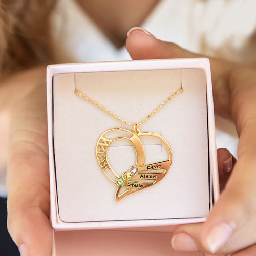 Engraved Mom Birthstone Necklace  - Gold Plated