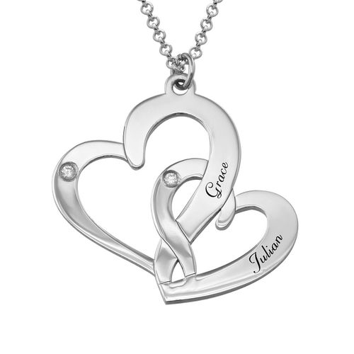 Engraved Two Heart Necklace Sterling Silver with Diamonds