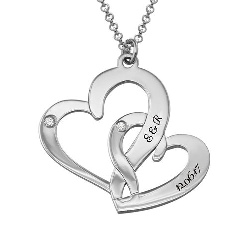 Engraved Two Heart Necklace Sterling Silver with Diamonds