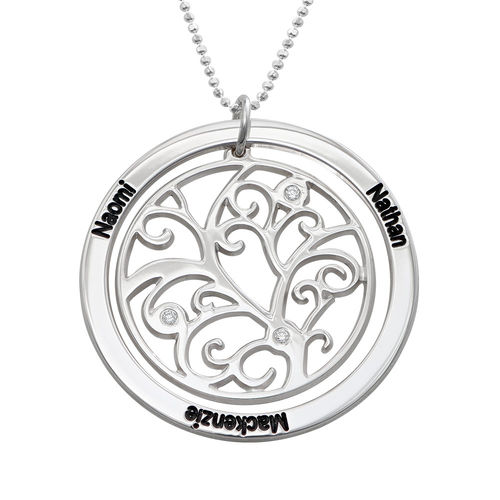 Family Tree Birthstone Necklace Sterling Silver with Diamonds