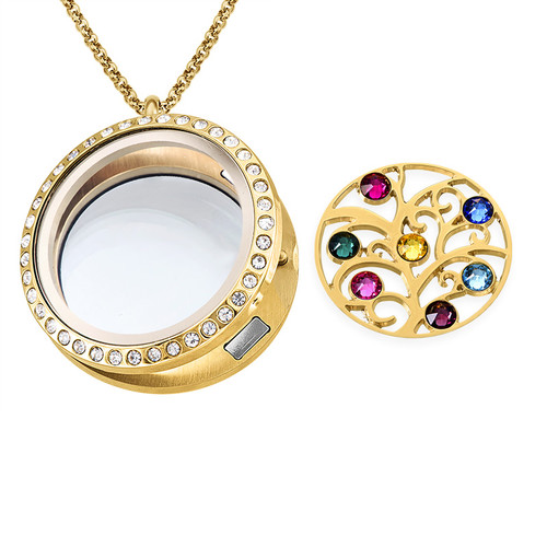 Family Tree Floating Locket with Birthstones - Gold Plated